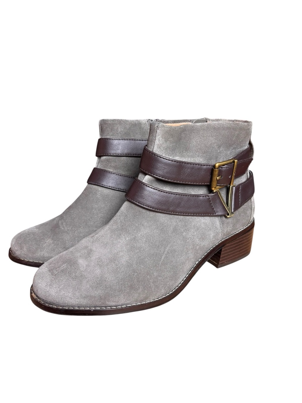 Vionic Mana Gray Suede Buckle Ankle Booties – Wide – Women’s 6.5